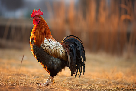 红棕色木门背景图片_公鸡站在干燥和棕色的草地上