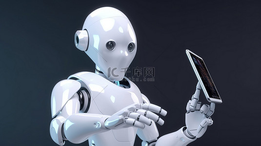 可爱的 ai 机器人在 3d 渲染中指向空白屏幕平板电脑