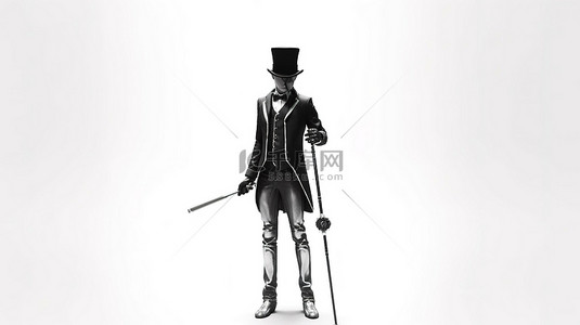 黑白肖像背景图片_虚拟现实蒸汽朋克角色扮演戴着圆顶礼帽手杖黑白 3D 的男子