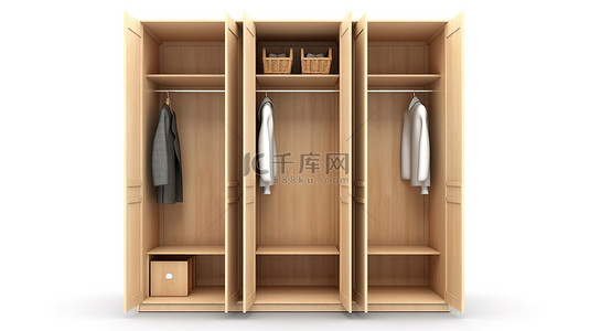 衣橱背景图片_白色背景下孤立的空置木制衣柜的 3D 插图