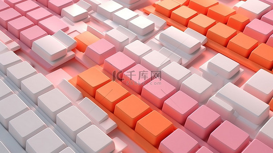 正方形粉色背景图片_柔和的粉色和橙色背景上的白色键盘的倾斜 3D 渲染，具有抽象的扭曲