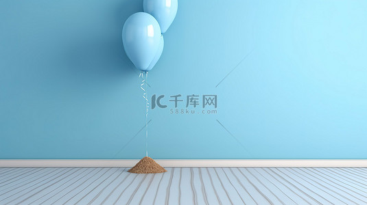 蓝色和白色气球漂浮在宁静的蓝色房间中，具有 3D 效果