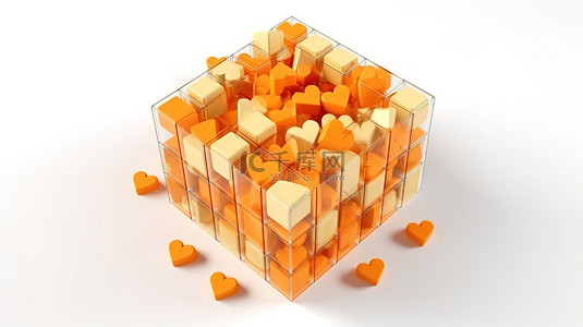 白色背景上橙色心的爱情立方体表达幸福浪漫和文本 3D 渲染的空间