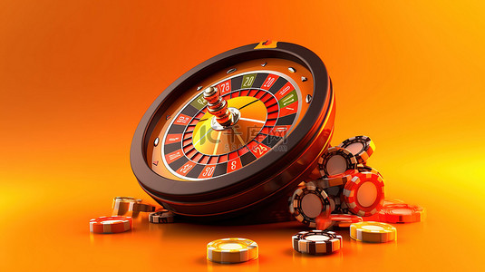 在线赌场中逼真的 3D 轮盘赌轮和老虎机充满活力的橙色背景，捕捉赌博的快感
