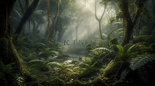 树林卡通背景图片_植物雨林雾气森林风景
