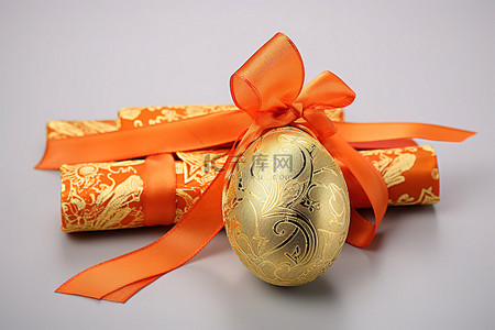 小金色背景图片_橙色丝带中的小金色包装纸包裹着一个鸡蛋