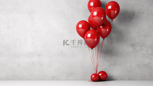 快乐的新年气球系列，红色，白色混凝土背景水平横幅 3D 插图