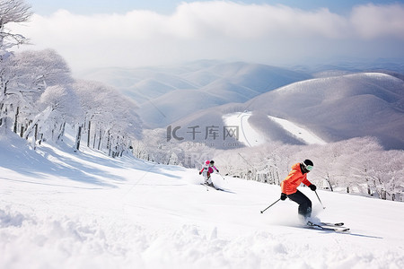 冬季山背景图片_滑雪者正在从覆盖着雪和树木的山上滑雪