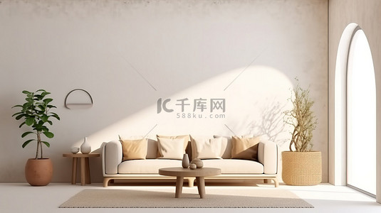 框架模型背景图片_阳光照射的白色房间的 3D 渲染，配有水平框架模型白色沙发和石咖啡桌