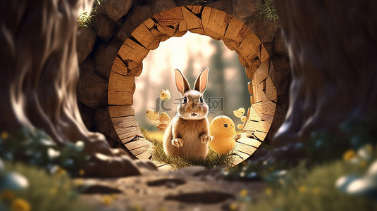 晚会邀请卡背景图片_通过复活节彩蛋形状的开口瞥见复活节兔子的 3D 渲染