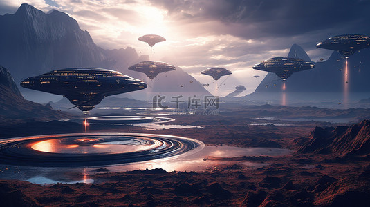 星球飞船背景图片_抽象景观中带有宇宙飞船的未来派外星球的 3d 渲染