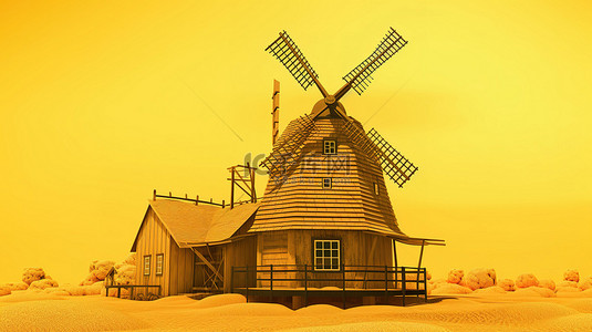复古欧洲背景背景图片_双色调风格 3D 渲染一个古老的黄色风车农场与黄色背景的混合