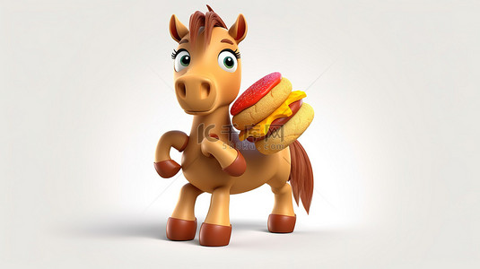 动物马人物背景图片_具有幽默感的马在 3d 中享用汉堡