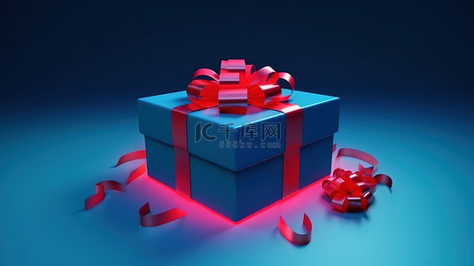 带有红丝带和 3D 渲染的节日蓝色礼盒，适合圣诞节和元旦