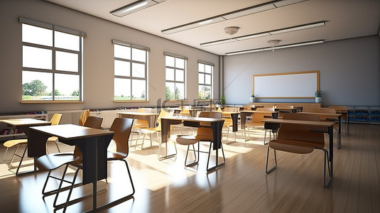 学校教室背景图片_装饰空荡荡的高中教室的家具的 3D 渲染