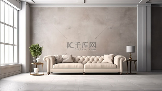 白色真皮背景图片_当代经典生活空间样机墙白色真皮沙发和 3D 渲染