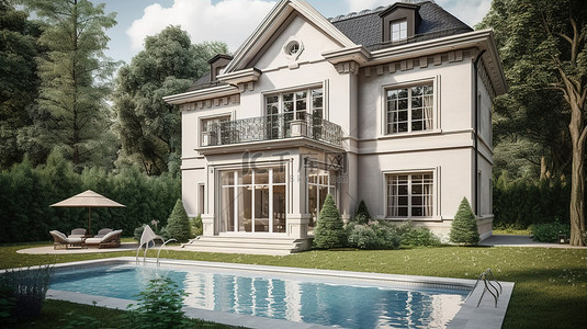 欧美别墅庭院背景图片_带泳池花园和车库的古典住宅，令人惊叹的 3D 渲染