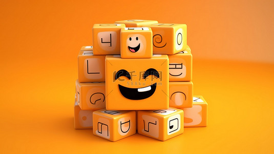 橙色背景上带有“新年快乐”消息的立方体表情符号的充满活力的 3D 插图
