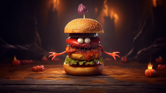 万圣节的怪异汉堡服装 3D 渲染