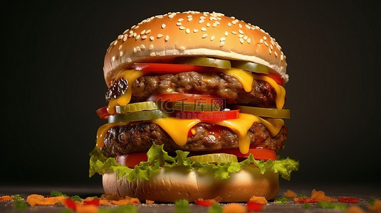 复古汉堡背景图片_3d 渲染的巨型汉堡