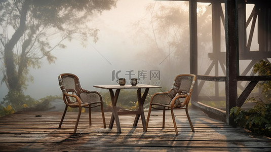 户外用餐设置在质朴的木质门廊上，周围环绕着雾气和自然 3D 渲染