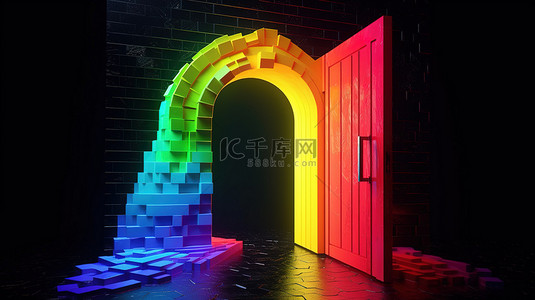 彩虹地形中的神秘门，带有发光的方管和 3D 渲染的星空