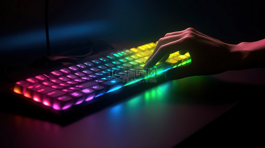 充满活力的键盘手打字与彩虹背光 3D 渲染