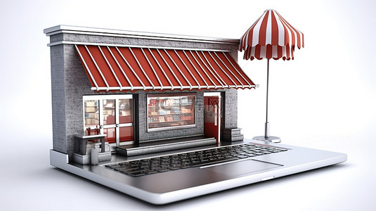 應用商店背景图片_电子商务理念笔记本电脑，带有购物车图标和商店外观作为 3D 白色背景屏幕