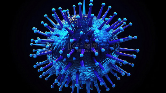 黑色背景下蓝色冠状病毒颗粒的 3D 渲染