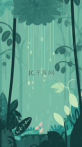 卡通背景下雨背景图片_叶子雨滴森林背景雨中风景