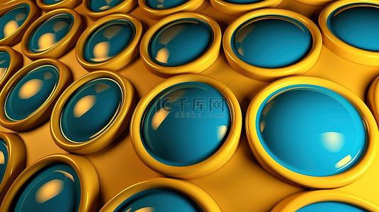 黄色点状图案背景图片_装饰有 3d 蓝色圆圈图案的黄色背景