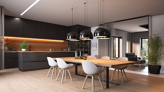 简约绿色家居背景图片_带有客厅厨房和餐厅的一室公寓的简约现代室内设计的 3D 渲染