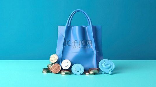 购物袋样机背景图片_电子商务概念图蓝色讲台购物袋和蓝色背景的硬币