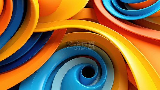 充满活力的蓝色橙色和黄色色调的彩色螺旋圆形状的抽象 3D 渲染