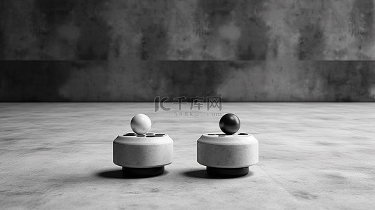 白色和黑色操纵杆在混凝土表面上竞争的 3D 渲染