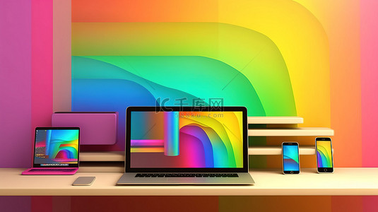 带有笔记本电脑手机和数字平板电脑的彩虹墙架的水平 3D 插图