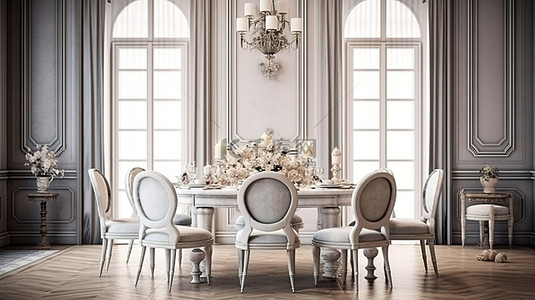优雅的餐厅装饰和家具，配有古典餐桌 3D 渲染