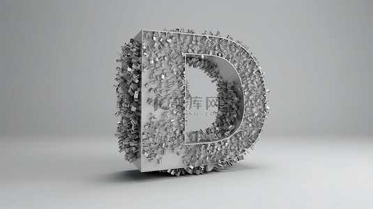 3d 渲染中的银色金属字母 d 由浅灰色粒子背景上的简单形状组成