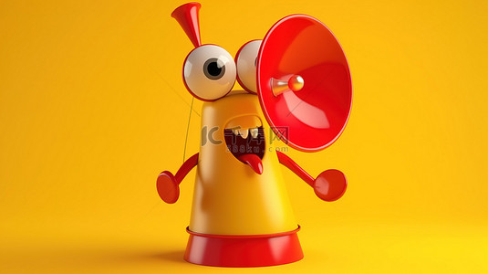 黄色卡通闹钟背景图片_黄色背景，带有拿着复古红色扩音器的吉祥物闹钟的 3D 渲染