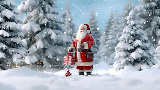 卡通雪树背景图片_圣诞快乐 3d 圣诞老人带着一袋礼物和一棵新雪中的树