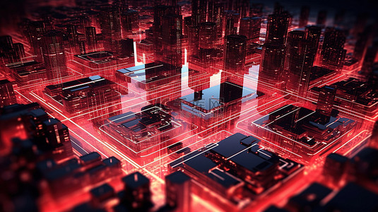城市抽象背景图片_未来网络空间城市红外抽象电路板上的红色发光 3D 渲染芯片