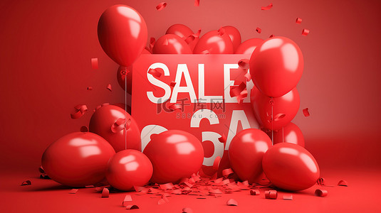 红色织物背景图片_充满活力的 3D 销售横幅，配有红色织物气球和五彩纸屑