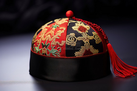一顶红黑相间的小帽子，上面有中国图案