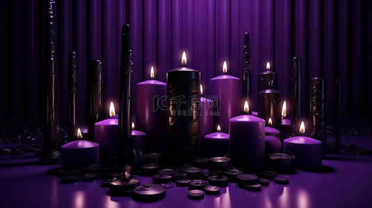 黑色火背景图片_紫色色调的背景，具有黑色蜡烛的 3D 渲染场景