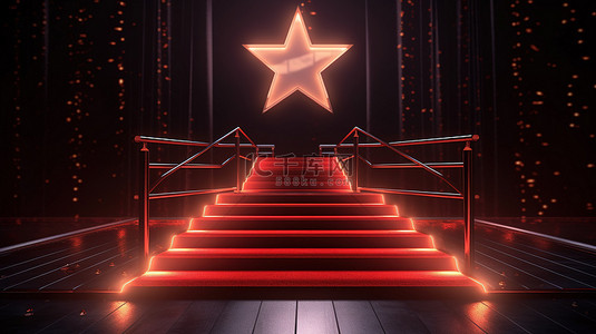 红地毯上的星形平台由双聚光灯 3D 渲染照亮