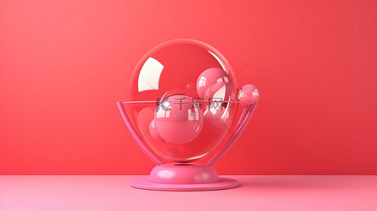 产品展台装饰有红心和玻璃球地球仪，在粉红色背景下进行 3D 渲染
