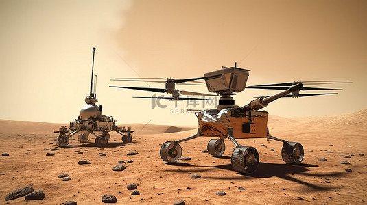 星球未来科技背景图片_火星直升机和漫游者的 3d 插图