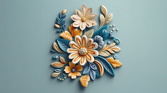民间艺术风格的 3d 花卉贺卡观赏植物插图