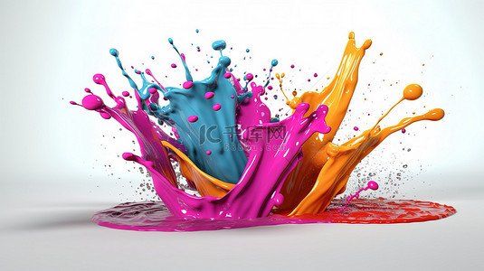 令人眼花缭乱的色彩爆发 3D 渲染油漆飞溅