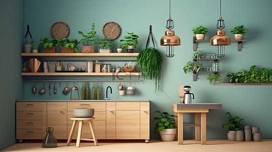 厨房简约绿色背景图片_现代厨房配有充满活力的绿色墙壁和简约的木制家具 3D 渲染